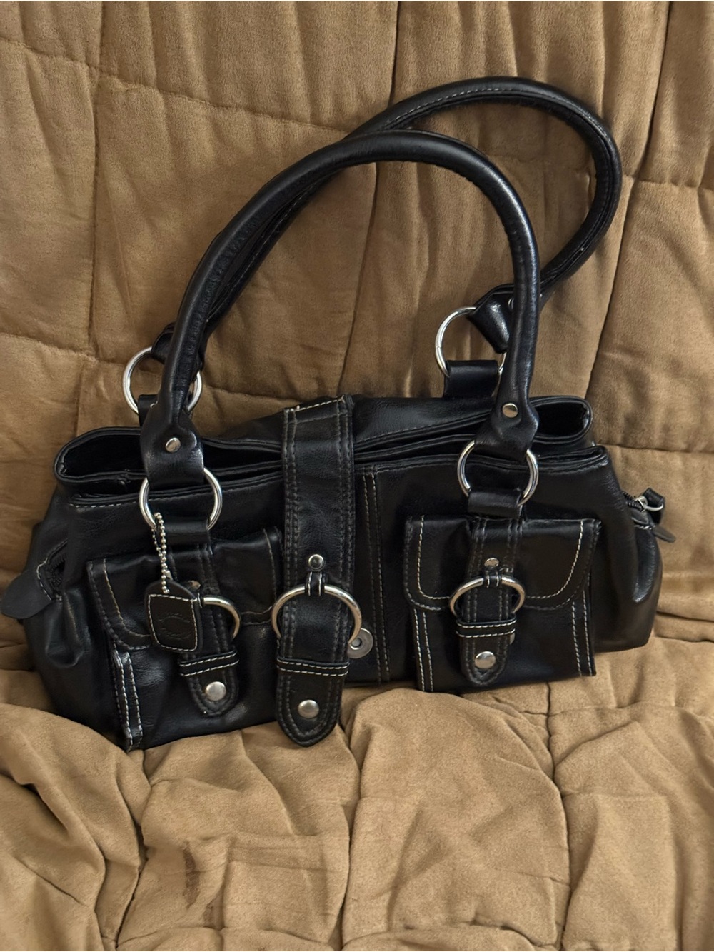 ALFRED SUNG Black Mini Satchel with Buckle Pockets